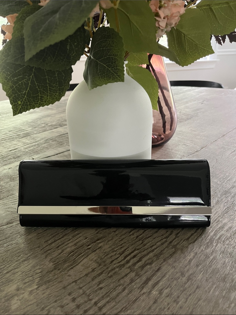 Black Patent Leather Clutch purse with Silver Accent